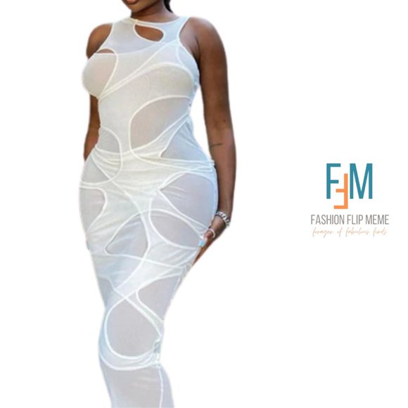 New! Sleeveless Sheer Mesh Fishnet Cut Out Bodycon Sheath Dress - Picture 1 of 8